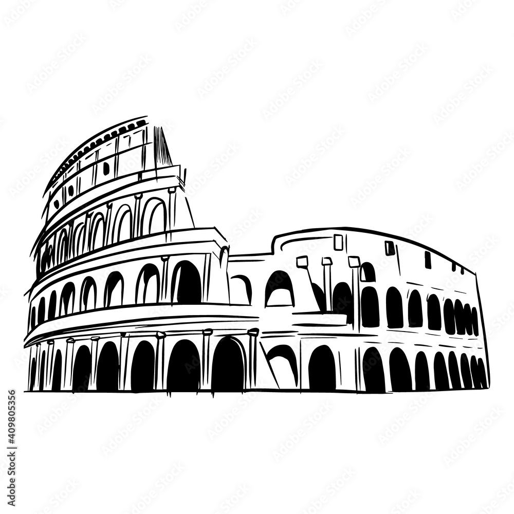 colosseum hand-drawn style black and white graphics, sketch