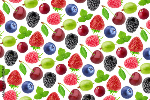 Multicolored endless pattern made with different berries isolated on white background.