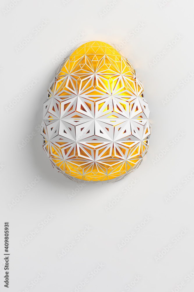 Easter concept. One single white golden egg with geometric original changing patterns on the surface on a white background. 3d illustration