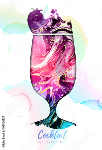 Artistic daiquiri cocktail silhouette with alcohol ink texture. Marble texture background