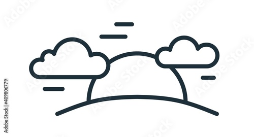 Simple sunset icon in line art style with sun setting behind horizon with clouds. Solar circle going down. Linear flat vector illustration isolated on white background