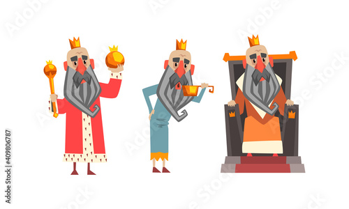 Funny King Character Set, Old Comic Bald Bearded King Wearing Gold Crown, Mantel in Various Actions Cartoon Style Vector Illustration