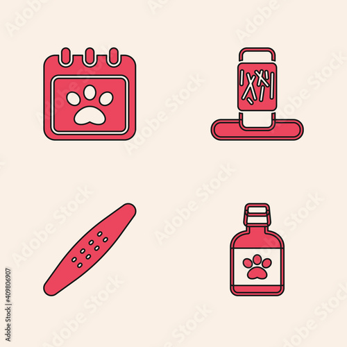 Set Dog medicine bottle, Calendar grooming, Cat scratching post and Nail file pet icon. Vector.