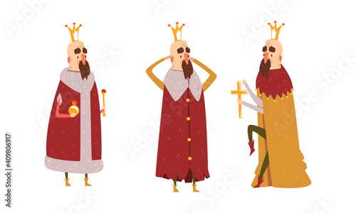 Funny King Character Set, Old Comic Bald Bearded King Wearing Gold Crown and Mantel in Various Actions Cartoon Style Vector Illustration