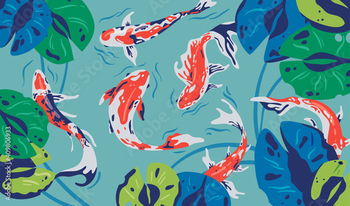Isolated Japanese koi fish collection . Set of various exotic asian creatures. Abstract swimming animals, culture symbol, cartoon clipart. photo