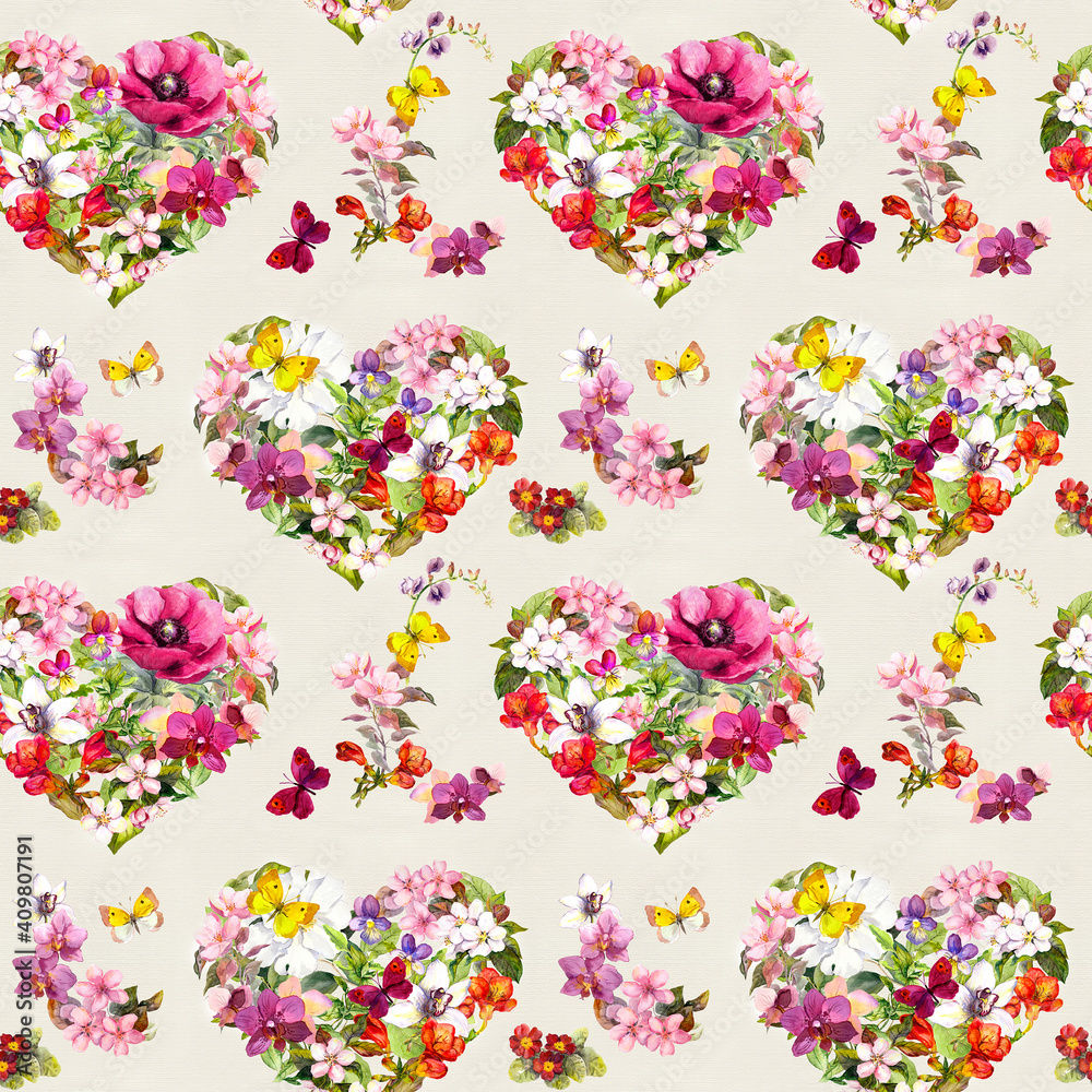 Seamless pattern - vintage floral hearts from flowers, meadow butterflies, wild grass. Watercolor