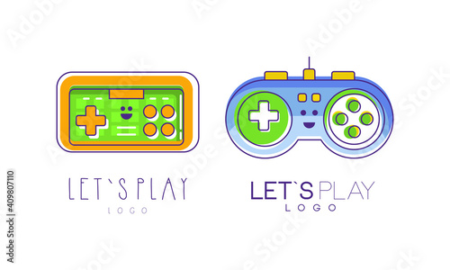 Lets Play Logo Design Templates Set, Game Console and Video Game Labels Vector Illustration