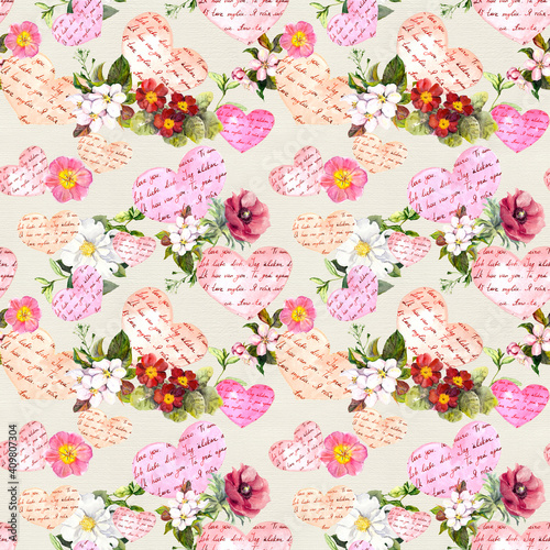Flowers, hearts with hand written text I love you . Seamless pattern. Watercolor for Valentine day, wedding, save date design