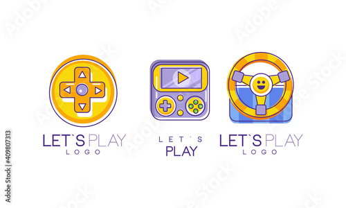 Lets Play Logo Design Collection, Video Game Console Labels Vector Illustration