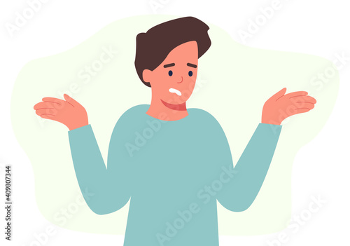 Man throws up his hands. I do not know emoticon. I have not emotions. Flat vector