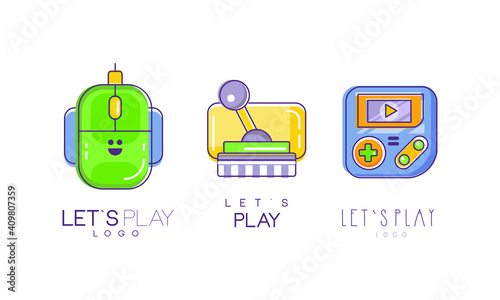 Lets Play Logo Design Collection, Video Game Controller Label Templates Vector Illustration