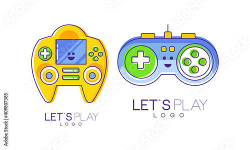 Lets Play Logo Collection, Video Game Controller, Computer Games Label Templates Design Vector Illustration