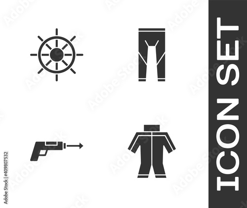 Set Wetsuit, Ship steering wheel, Fishing harpoon and icon. Vector.