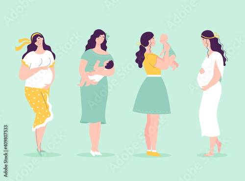 Set of young beautiful pregnant women in full growth. Women with babies. Happy motherhood concept, pregnancy planning. Vector illustration in flat style on white background.