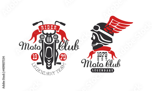 Moto Club Retro Logo Templates Set, Legendary Racer Club Vintage Badges Vector Illustration