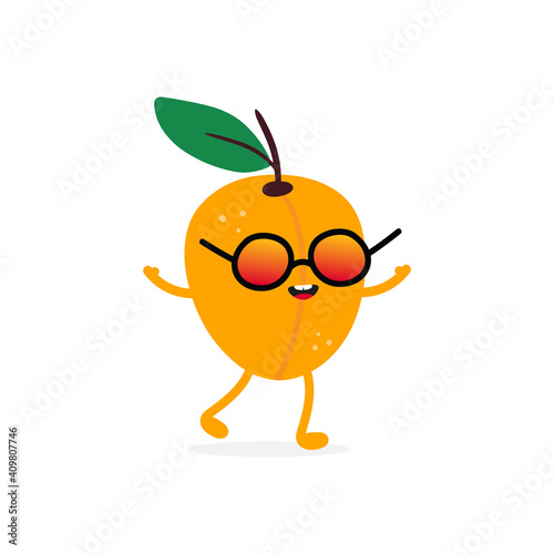 Cute apricot fruit cartoon character in cool sunglasses smiling, dancing, having fun. Vector icon, illustration.
