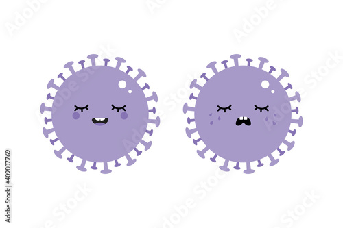 Cartoon style purple virus, coronavirus characters happy smiling and sad crying.