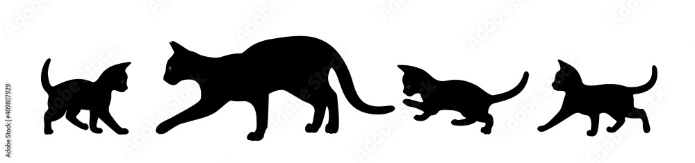 Cat with kittens walking. Vector isolated black silhouettes on a white background. The Symbols Of Halloween. Can be used as a sticker template, logo elements and icons for web design. Flat style.