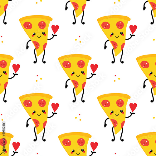 Cute cartoon style smiling pizza character holding red heart in hand vector seamless pattern background.