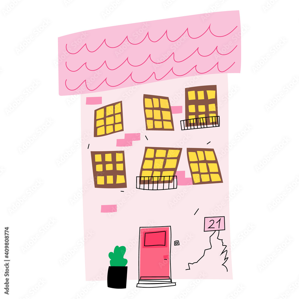 Cute vector pink cartoon house drawn by hand