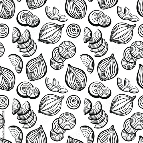 Vector seamless pattern with chopped onion bulb  onion rings and slices  cut in half onion. Outline drawing. 