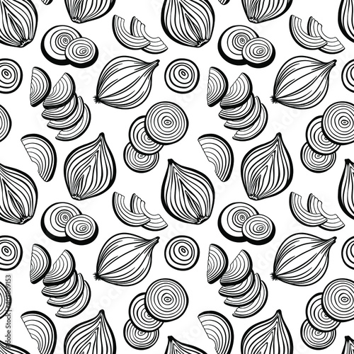 Vector seamless pattern with chopped onion bulb, onion rings and slices, cut in half onion. Outline drawing. 