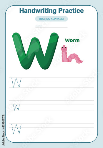 Alphabet tracing practice Letter W. Tracing practice worksheet. Learning alphabet activity page.