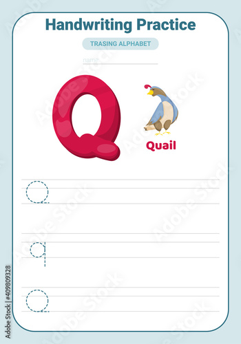 Alphabet tracing practice Letter Q. Tracing practice worksheet. Learning alphabet activity page.