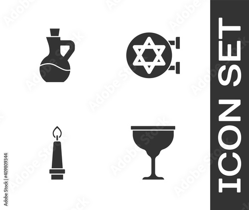 Set Jewish goblet, Bottle of olive oil, Burning candle and synagogue icon. Vector.