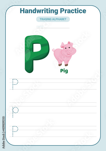 Alphabet tracing practice Letter P. Tracing practice worksheet. Learning alphabet activity page.