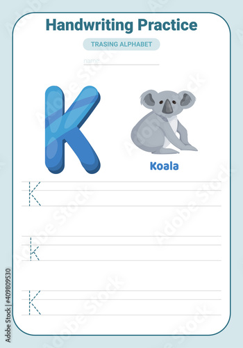 Alphabet tracing practice Letter K. Tracing practice worksheet. Learning alphabet activity page.