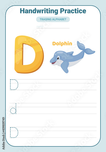 Alphabet tracing practice Letter D. Tracing practice worksheet. Learning alphabet activity page.