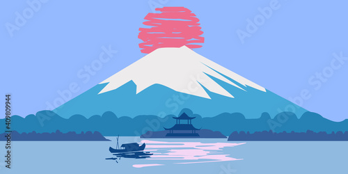 Fuji Mountain sunrise landscape Japan panorama. Lake sun boat Asian temple