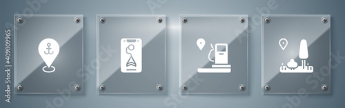 Set City map navigation, Location and gas station, and with anchor. Square glass panels. Vector.