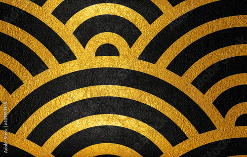 Japanese-style background material with a golden SEIGAIHA pattern on black Japanese paper