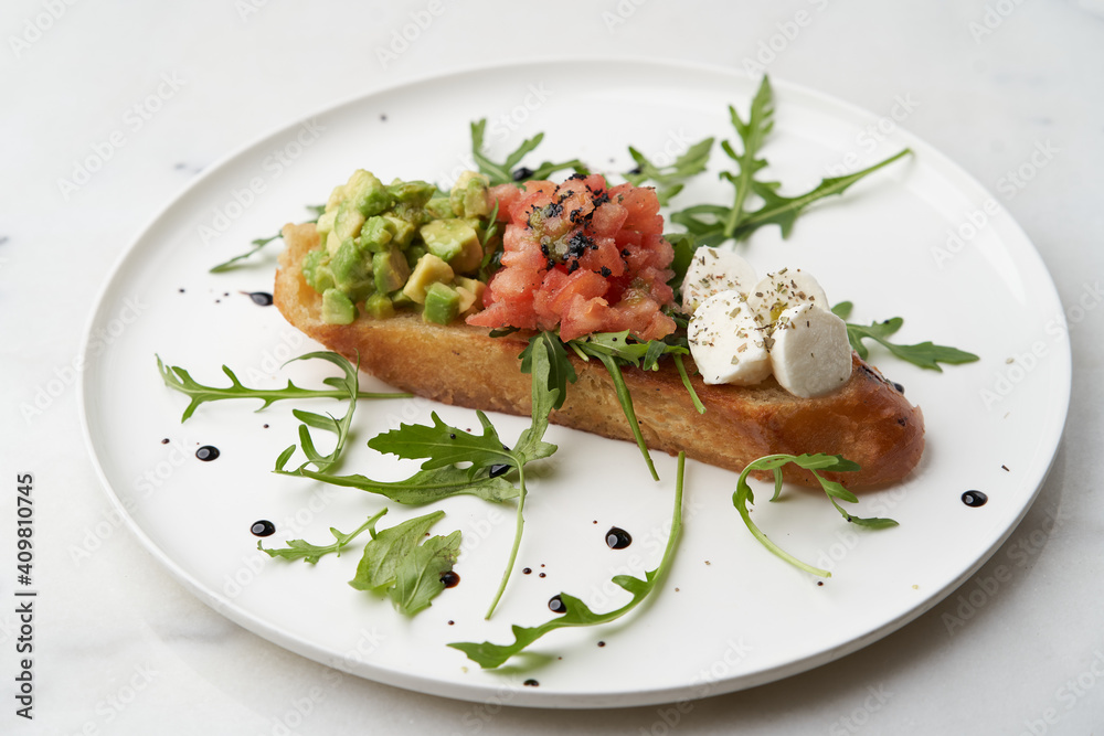 Healthy vegetarian bruschetta with vegetable and cheese. Healthy vegetarian bruschetta with vegetable and cheese.