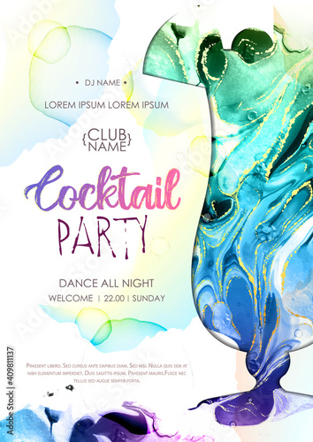 Cocktail disco party poster. Artistic pina colada cocktail silhouette with alcohol ink texture.  Marble texture background