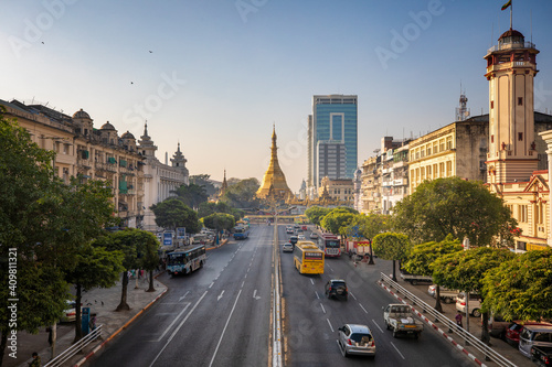A 2020 Image of Downtown Yangon with Golden Sule Pagoda, Myanmar photo