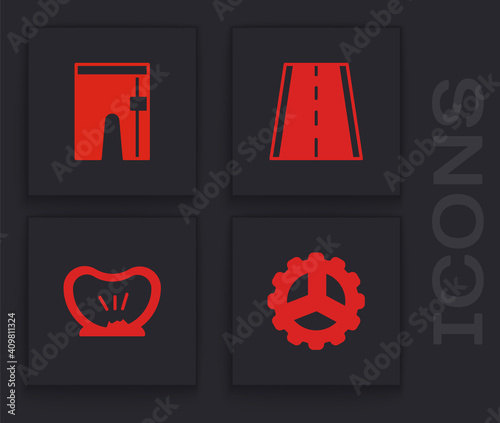 Set Bicycle sprocket crank, Cycling shorts, lane and punctured tire icon. Vector.