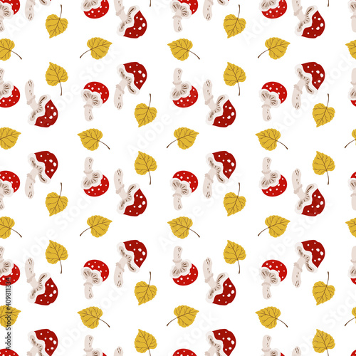 Vector illustration, pattern, amanita mushroom in a red hat,  leaf on a white background. For poster, material ,cover, wallpaper, notebooks, planners, textile and other graphic design.  