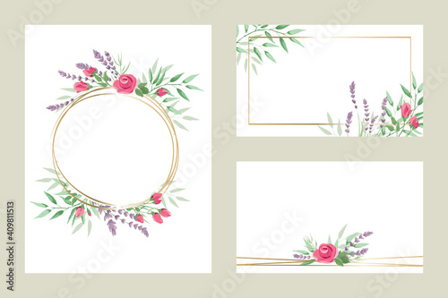 Green leaves  roses and lavender -- set of templates for invitations. Vector illustration  frame  backgrounds with design element in watercolor style.