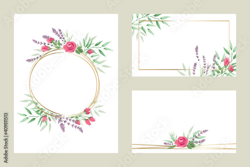 Green leaves, roses and lavender -- set of templates for invitations. Vector illustration, frame, backgrounds with design element in watercolor style.