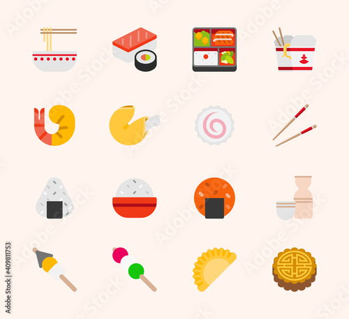 Asian foods vector illustration icons set. Japanese, Chinese foods, Sushi, Sashimi, Noodle, Bento Box, Rice Meals, Shrimp, Fish Cake, Rice Ball, Sake, Chopsticks colorful isolated symbols collection