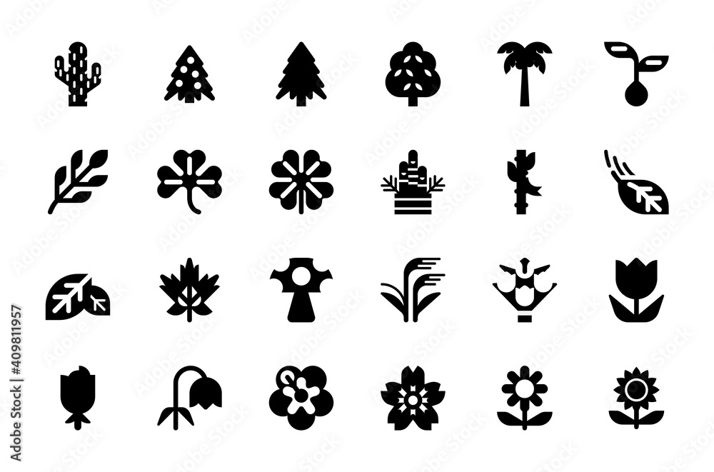 Plants and trees vector illustration icons set. Nature, natural, fresh trees, flowers, plants colorful isolated symbols collection Plants and trees vector illustration icons set. Nature, natural, fresh trees, flowers, plants colorful isolated symbols collection