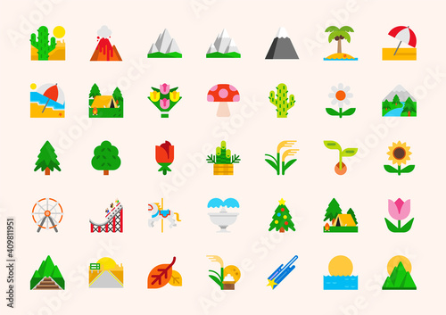 Landscape vector illustration icons set. Nature, national park, plants, mountains, gardening colorful isolated symbols collection