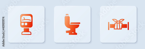 Set Toilet bowl, Pressure water meter and Industry metallic pipe. White square button. Vector.