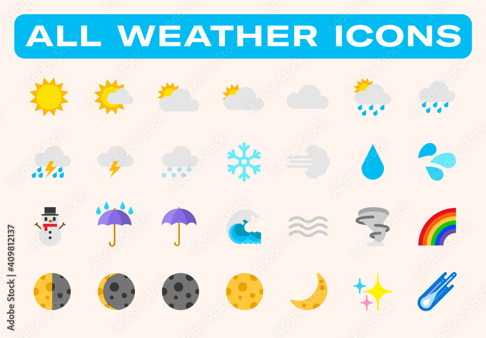 Weather conditions vector illustrations icons set. Temperature, cloud, sky, sunny, rainy, cloudy, snowy weather, climate, sun, moon, umbrella, wave, snowman isolated symbols collection Weather conditions vector illustrations icons set. Temperature, cloud, sky, sunny, rainy, cloudy, snowy weather, climate, sun, moon, umbrella, wave, snowman isolated symbols collection