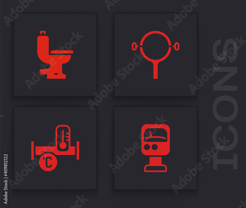 Set Pressure water meter, Toilet bowl, Filter wrench and Industry metallic pipe icon. Vector.