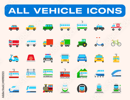 All type of Land Vehicles Vector Illustrations Icons Set. Transportation, Logistics, Delivery, Shipping, Railway, Ambulance, Emergency car symbols flat style vector illustration symbols collection