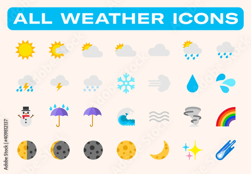 Weather conditions vector illustrations icons set. Temperature, cloud, sky, sunny, rainy, cloudy, snowy weather, climate, sun, moon, umbrella, wave, snowman isolated symbols collection